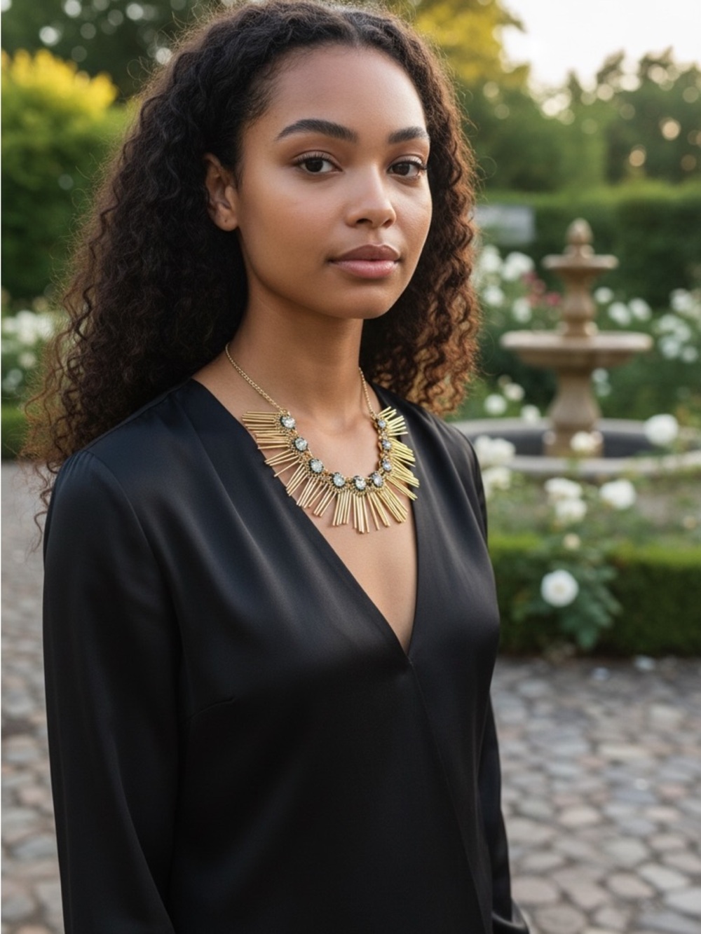 Gold Statement Fringe Necklace with Clear Gem Accents